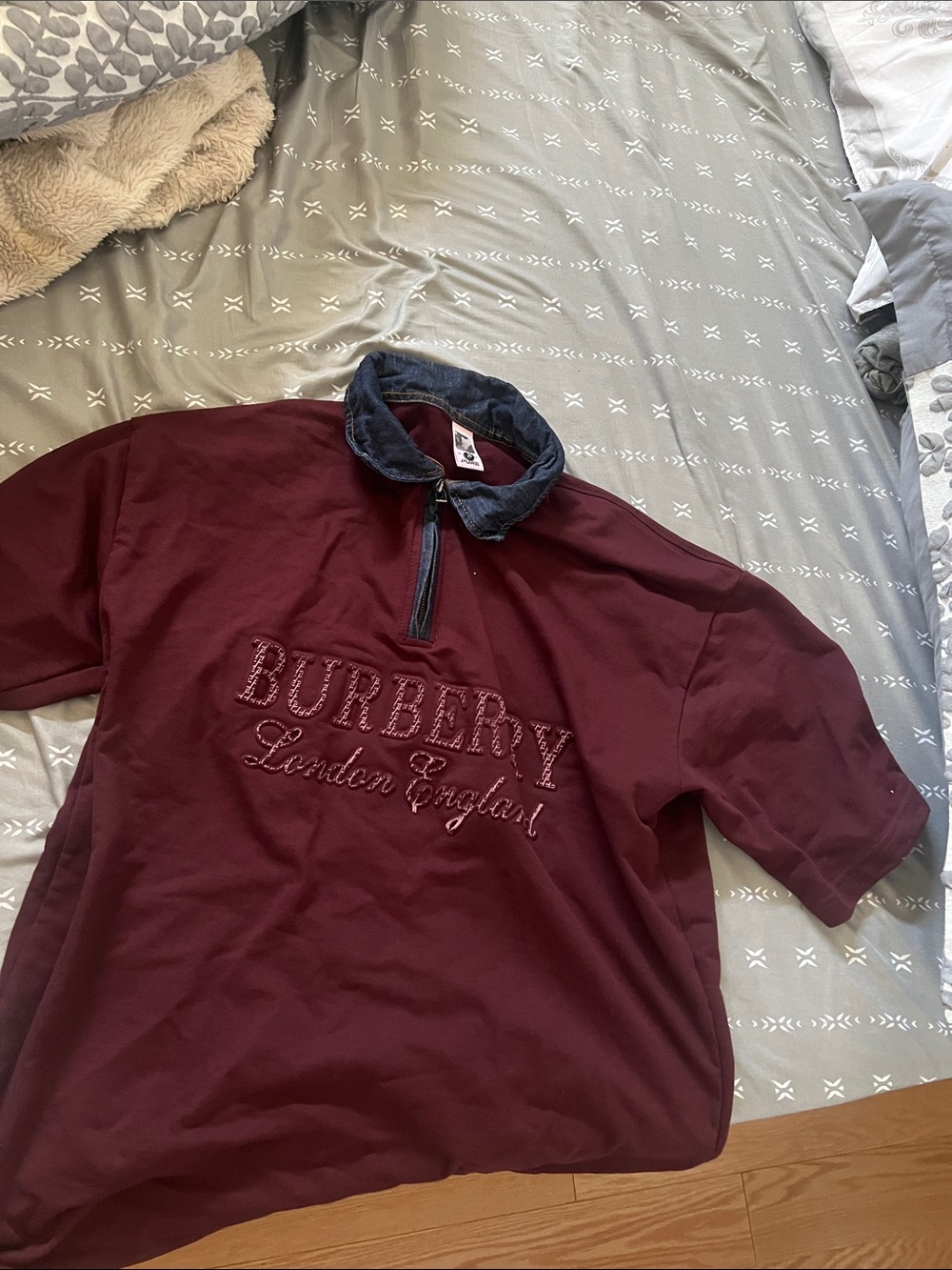 Burberry Men’s Burgundy Zip-Front Sweater with Denim Collar
